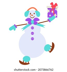 Cute snowman is holding gifts and skating. Christmas banner. Vector illustration in a flat cartoon style
