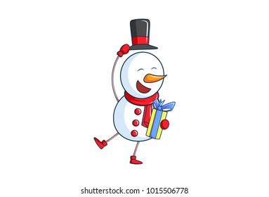 Cute Snowman holding the hat and gift in hands. vector Illustration. Isolated on white background.