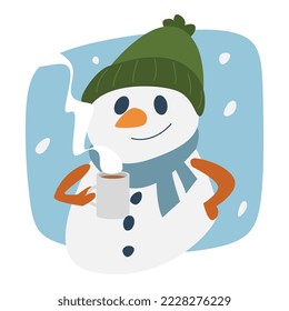 un lindo muñeco de nieve sosteniendo una bebida caliente. con una beanie y una bufanda. concepto de invierno, navidad. para la plantilla, tarjeta de saludo, impresión, pegatina, etc., ilustración vectorial