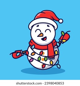 Cute Snowman Holding Lamp Vector Cartoon Illustration Isolated
