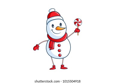 Cute Snowman holding a lollipop. vector Illustration. Isolated on white background.