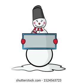 Cute snowman holding a poster in his hands. Hand drawn vector flat graphic illustration. Front view. Isolated object on a white background. Isolate.