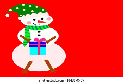 Cute muñeco de nieve sosteniendo la caja de regalo sobre fondo rojo, diseño vectorial. Saludo a Feliz Navidad y feliz concepto de año nuevo