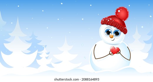 Cute snowman holding red heart with his arms on the winter nature background