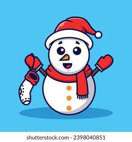 Cute Snowman Holding Sock Vector Cartoon Illustration Isolated