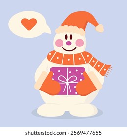 A cute snowman holds a Christmas present in his hands. The smiling snowman. Christmas vector illustration.