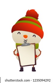 Cute snowman holds in his hands blank isolated vector
