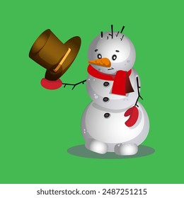 Cute snowman holds a tophatt in his hand, dressed in a red scarf and mittens