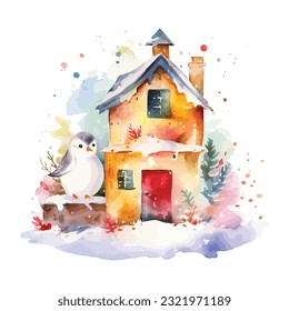 Cute snowman house for birds  watercolor clipart