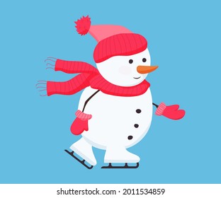 Cute snowman ice skating on skates. Snowman in red hat, scarf and gloves. Applicable for Christmas design. Vector illustration