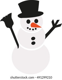 Cute snowman icon with broom hat carrot