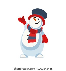 Cute snowman icon isolated on white. Holiday cartoon playful fun snow ball character. Template for Merry Christmas winter season greeting card. New Year eve party banner element vector illustration