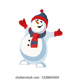 Cute snowman icon isolated on white. Holiday cartoon playful fun snow ball character. Merry Christmas winter season greeting card template. New Year eve party banner design element vector illustration