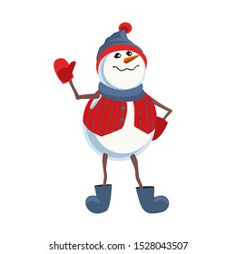 Cute snowman icon isolated on white. Holiday cartoon playful fun snow ball character. Template for Merry Christmas winter season greeting card. New Year eve party banner element vector illustration