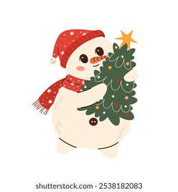 Cute snowman illustration in children's style on New Year's theme. Snowman in a hat and scarf carrying Christmas tree.  Flat vector illustration isolated on white background