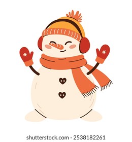 Cute snowman illustration in children's style on New Year's theme. Snowman in a hat, mittens and headphones.  Flat vector illustration isolated on white background