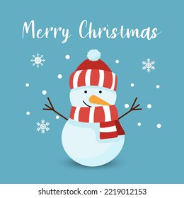 Cute snowman illustration in flat style. Snowman in a red hat and scarf. Winter symbol, icon. Christmas or New Year greeting card design element.