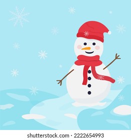 Cute snowman illustration on blue background. Winter symbol, icon. Christmas or New Year greeting card design element. Top view