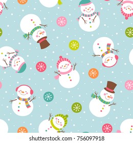 Cute snowman illustration with snowflakes seamless pattern background