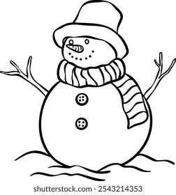 Cute snowman illustration, vector ink doodle festive winter holiday clip art, vintage realistic line art design
