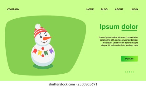 Cute snowman in knitted hat with pompon vector illustration. Happy cartoon character winking. New Year or Christmas landing page template. Winter, holidays concept