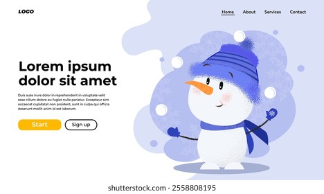 Cute snowman landing page design. Drawing of snowman in blue knitted hat and scarf with snowballs. Christmas, holiday can be used for website or banner