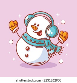 Cute snowman is laughing and wearing a head warmer and mittens