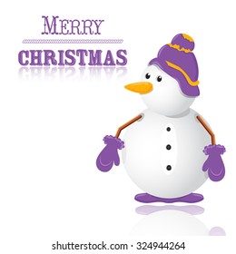 Cute snowman in a lilac hat and mittens in a white background vector