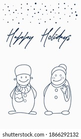 Cute Snowman line art outline style, Greeting card design concept happy holidays. Winter seasonal template