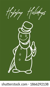 Cute Snowman line art outline style, Greeting card design concept happy holidays. Winter seasonal template