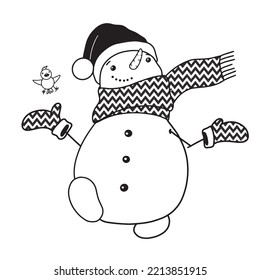 cute snowman with little bird vector illustration