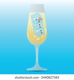 Cute snowman made of ice cubes in a champagne glass