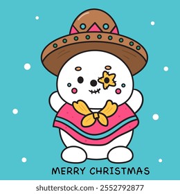 Cute snowman mexican Christmas Kawaii sticker wear colorful sombrero hat. Series: ho ho ho xmas (whimsical characters). Happy new year greeting card. Holiday cartoon kids winter season. Flat clipart