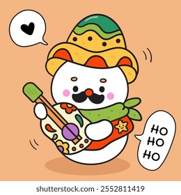 Cute snowman mexican Christmas Kawaii sticker wear colorful sombrero hat play guitar. Series: ho ho ho xmas (whimsical characters). Happy new year greeting card. Holiday cartoon kids winter season.