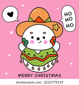 Cute snowman mexican wear sombrero hat Christmas Kawaii sticker. Series: ho ho ho xmas (whimsical characters). Happy new year greeting card. Holiday cartoon kids winter season. Flat illustration.