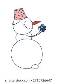 Boneco de neve bonito em luvas batendo mãos isoladas no transparente. Desenho de linha. Ilustração de vetor desenhada à mão. Engraçado personagem de desenho animado. Natal tradicional, Ano Novo, elemento de design de inverno, clip art