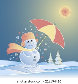 Cute snowman in the moonlight on a cold winter's night