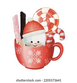 Cute snowman in a mug with sweets.  Hand drawn vector illustration watercolor cute gnome banner design. Xmas design for holidays decoration, greeting cards, gift tags, t-shirt