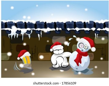 Cute Snowman - on background with bright blue sky and traditional brick wall : vector illustration