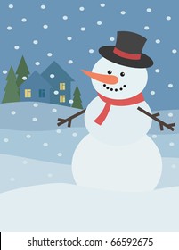 Cute Snowman on background with winter landscape