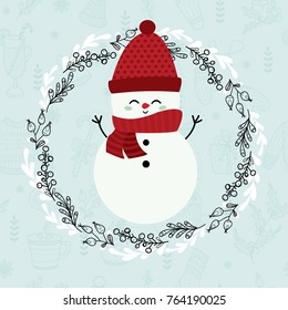 Cute snowman on the background of a winter pattern. Vector illustration. Christmas, winter.