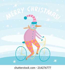 Cute snowman on bicycle in cartoon style. Adorable Christmas character. Merry Christmas concept card.