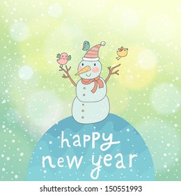 Cute Snowman on bright holiday card. Cartoon Christmas and New Year card in vector. Childish Snowman with funny birds