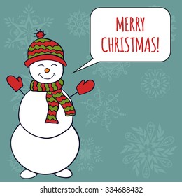 Cute snowman on Christmas greeting card. Vector illustration.