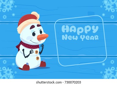 Cute Snowman On Happy New Year Greeting Card Christmas Holiday Concept Flat Vector Illustration