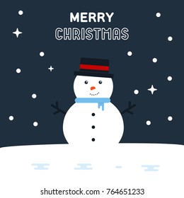 Cute Snowman on a Night Background. Flat Style Design. Vector Illustration. Merry Christmas Greeting Card