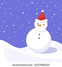 Cute snowman on snow ground with snow falling. Concept of Winter season, Christmas festival, outdoor winter time activity. Flat vector illustration for banner, greeting card, template, wallpaper.