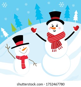 Cute Snowman on snowing, vector illustration