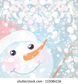 Cute snowman on snowy background.