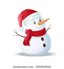 Cute snowman on a white background. New Year and Christmas card. Vector illustration